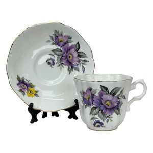 VTG Royal Grafton Tea Cup Saucer Purple Floral Scalloped Bone China England Gold